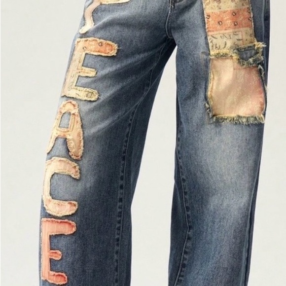 unknown Denim - High Rise Blue Jeans with Peace Patch